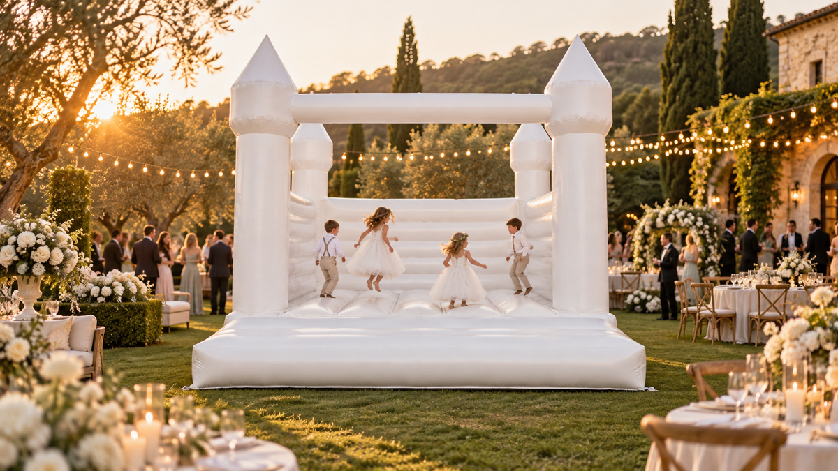 Château gonflable blanc sur la pelouse d’un domaine de mariage, enfants d’honneur qui jouent, guirlandes et tables dressées