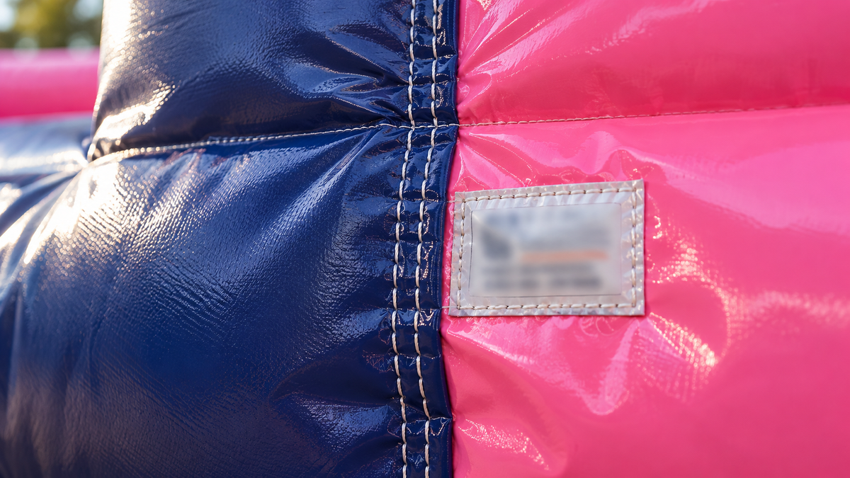Gros plan sur une couture renforcée de toile PVC et l’étiquette d’identification cousue d’une structure gonflable